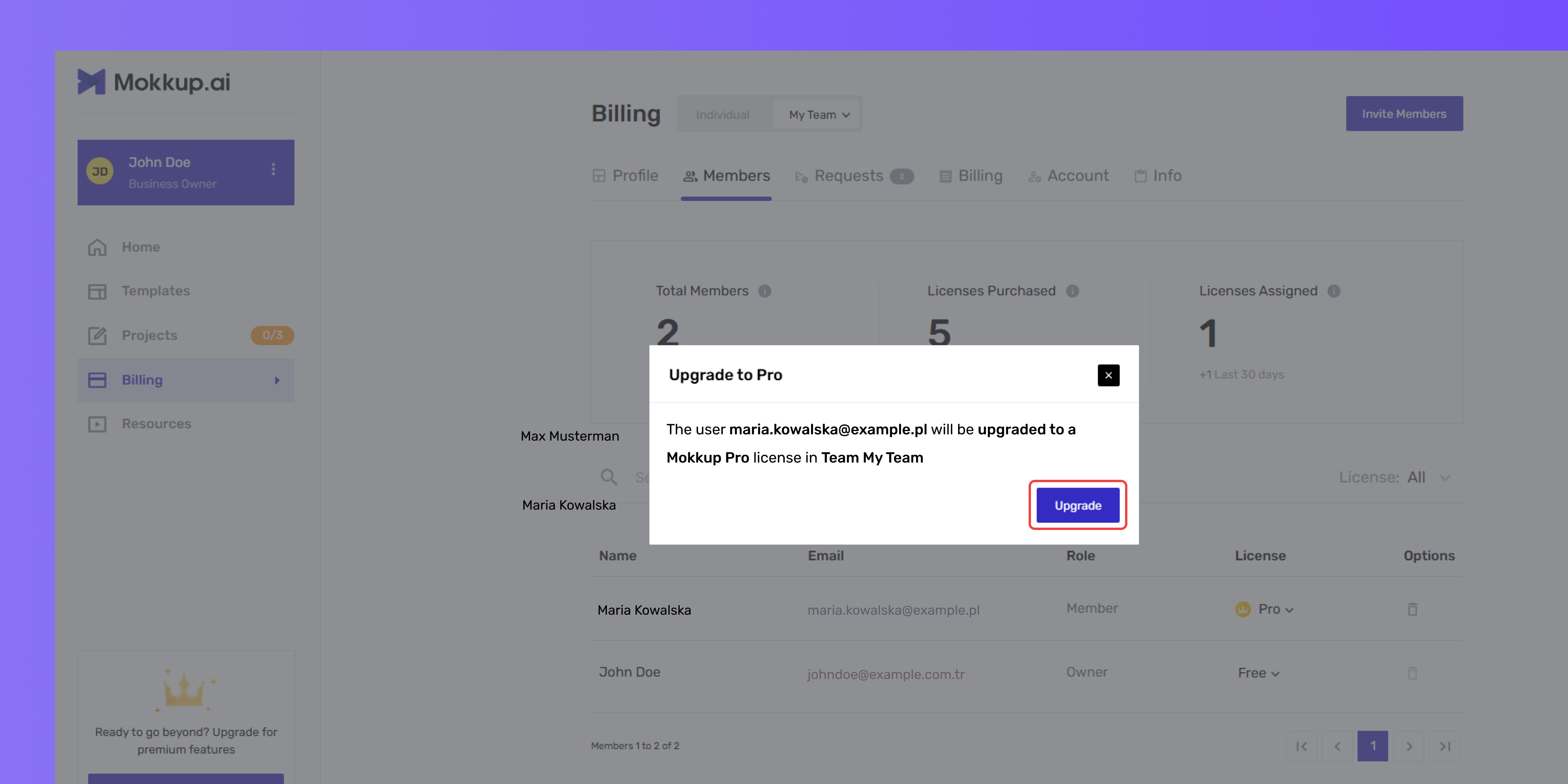 Upgrade Confirmation Pop-up